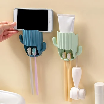 Настенный самоклеящийся стеллаж для хранения зубной пасты, держатель для кактуса, крючок для слива, полка для ванной комнаты, настенный органайзер для электрической зубной щетки