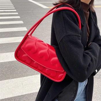 Маленькая квадратная сумка с текстурой красного сердца, женская модная сумка для пригородных поездок, женская сумка-тоут, сумки с верхней ручкой, сумка подмышками.