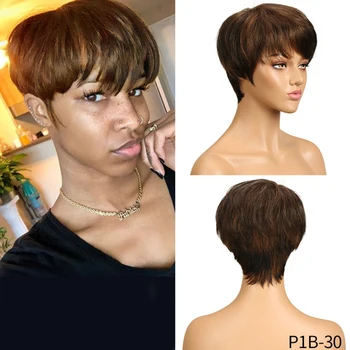 Короткие парики из человеческих волос Pixie Cut Прямые бразильские волосы Remy для чернокожих женщин машинного производства Highlight Color Дешевые Бесклеевые парики
