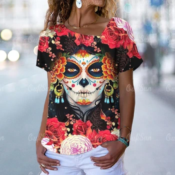 2024 Модные Новые женские футболки с 3D принтом Черепа, топы для девочек На Хэллоуин, Свободные повседневные наряды, негабаритные Женские футболки с V-образным вырезом 5XL