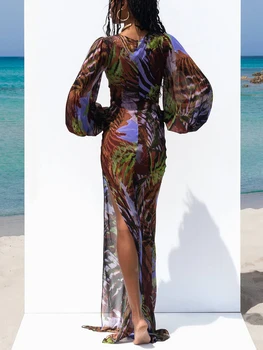 Женское Тропическое Длинное платье Летнее Сексуальное с глубоким вырезом и длинным рукавом С высоким разрезом Для пляжной вечеринки Облегающее Фиолетовое Большое