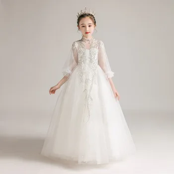 Новые Элегантные Длинные белые Детские платья подружек невесты для девочек, вечернее платье для детского праздника, детское тюлевое платье принцессы