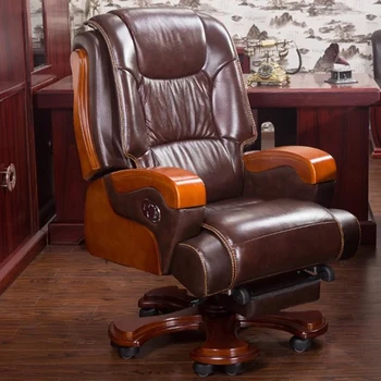 Эластичный офисный стул Кожаное деревянное кресло с откидной спинкой, Подставка для ног, Роликовый Регулируемый Поворотный Офисный стул, Подлокотник для руководителя, Шезлонг-мебель
