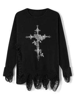 Женский Потертый свитер на Хэллоуин, Черный, с длинным рукавом, с принтом, вязаный пуловер, топы
