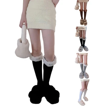 Женские Элегантные зимние длинные носки с буквенной надписью с меховой отделкой JK Girl Японского однотонного трикотажа в рубчик, гольфы до колена, прямая поставка
