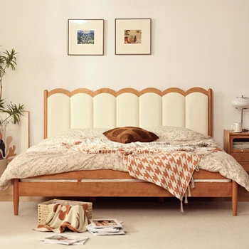 Скандинавская кровать из массива дерева вишневое дерево мягкая упаковка кремовый стиль ретро 1,5 односпальная кровать 1,8 м главная двуспальная кровать оригинальная деревянная кровать