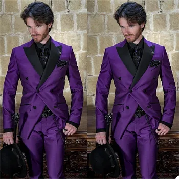 Новые популярные фиолетовые мужские костюмы, сшитые на заказ, из 2 предметов, вечерние костюмы для шафера, Двубортный блейзер, деловое пальто + брюки