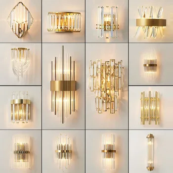 Современные настенные светильники с золотым хрусталем, прикроватные тумбочки для спальни, гостиной, украшения дома, светодиодное бра, настенные светильники для ванной комнаты