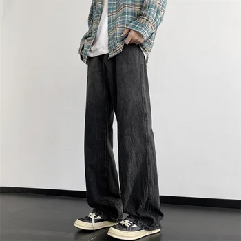 2024 Винтажные джинсы для мужчин из выстиранного денима с широкими штанинами, уличная одежда оверсайз, Мужские повседневные свободные брюки, прямые модные брюки R17