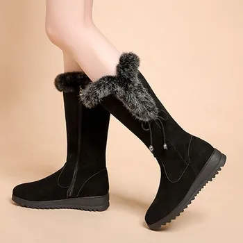 Водонепроницаемая обувь с толстым дном, Женские сапоги до середины икры, Зимние Теплые Зимние ботинки с плюшевой подкладкой, Высококачественные женские ботинки