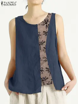 ZANZEA/ Женские повседневные топы без рукавов, летняя модная блузка с цветочным принтом, хлопковая рубашка с круглым вырезом, женская элегантная пляжная сорочка
