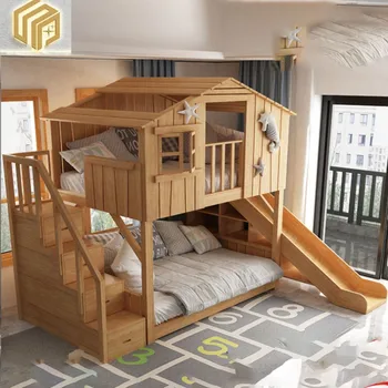 Спальня Американская бытовая детская кровать из цельного дерева Спальня с деревянной кроватью сверху и снизу Маленькая семейная многофункциональная кровать hi