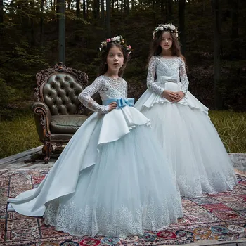Пышные кружевные платья с бантом для девочек в цветочек для свадеб, бальное платье из тюля с длинными рукавами для Первого Причастия для девочек
