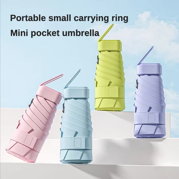Мини-складной карманный зонт для женщин, плоский зонт, ультралегкий, с защитой от ультрафиолета, маленький солнцезащитный зонт с 6-кратной кольцевой пряжкой