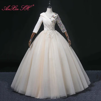 AnXin SH princess из атласа и кружев цвета шампанского с v образным вырезом и коротким рукавом, блестящее бальное платье для вечеринки, блестящее вечернее платье на шнуровке для невесты
