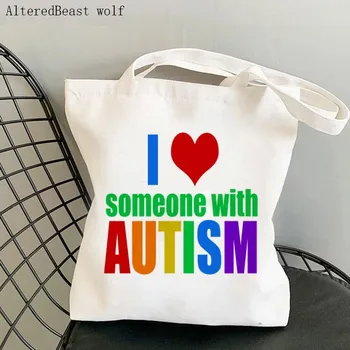 Женская сумка для покупок, я люблю кого-то с аутизмом, сумка для покупок в харадзюку, холщовая сумка для покупок, женская сумка-тоут, женская сумка через плечо