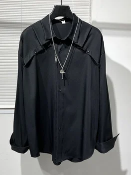 Harajuku Мужская готическая лоскутная повседневная рубашка свободного кроя с длинным рукавом, черные, белые Модные топы, уличная одежда, Весенне-осенние рубашки, мужские