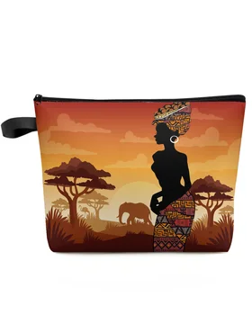 Африканская женщина с силуэтами жирафа и слона, изготовленная на Заказ дорожная косметичка, Портативная сумка для хранения макияжа, женский водонепроницаемый пенал