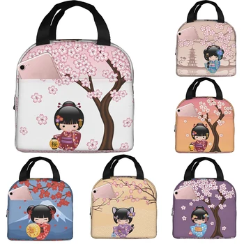 Милое Мультяшное Японское кимоно для девочки-гейши, сумка для ланча, кукла Кокеши, Вишневые цветы, изолированные сумки-холодильники, ланч-бокс, сумка для еды, новинка 2023 года