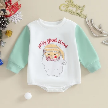 Рождественская толстовка для младенцев, комбинезон с буквенным принтом Санта Клауса, круглый вырез, комбинезон с длинным рукавом, одежда для малышей