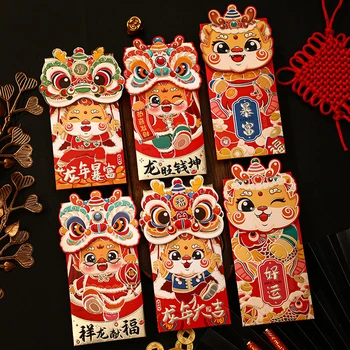 4шт красных конвертов на китайский Новый год 2024 Хунбао, Китайский весенний фестиваль, карманные красные конверты для благословения денег на удачу