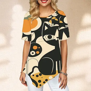 Женская модная футболка с коротким рукавом и нерегулярным подолом с цветочным абстрактным принтом Mid Century Cat Y2k Streetwear Vintage