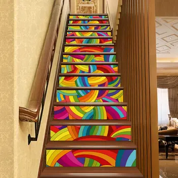 Абстрактные художественные наклейки на лестницу, Цветной 3D геометрический узор, наклейки на ступени, Самоклеящиеся Радужные лестничные фрески, декор в помещении