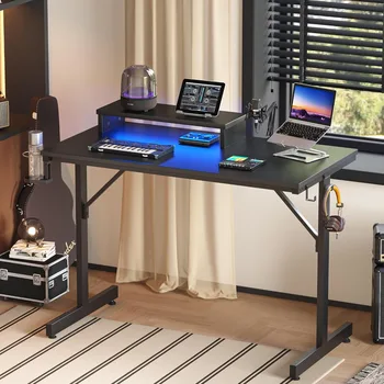 Небольшой Компьютерный стол с Подставкой для Монитора, 42-дюймовый Офисный Стол со светодиодной Подсветкой, Рабочий Письменный Стол с Подстаканником и Крючками Для Гарнитуры, Мод