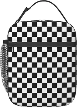 Черно-белая сумка для ланча с гоночным и клетчатым рисунком, изолированный ланч-бокс, сумка-холодильник с плечевым ремнем для школы, офиса, пикника.