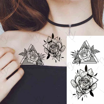 Временные татуировки, наклейки с черным переносом воды для женщин, водонепроницаемые наклейки с цветами розы для тела, девушки, мужчины