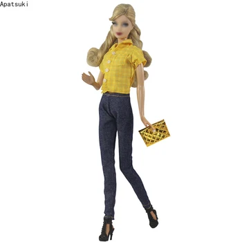 Желтая блузка Рубашка Джинсовые Брюки Портмоне Модные наряды для куклы Барби Комплект одежды 1/6 Аксессуары для кукольного домика Игрушки