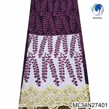 Африканское тюлевое кружево, зрелые и щедрые ветки и листья, узор для вышивки, Французская сетчатая кружевная ткань, Вечернее платье ML34N274