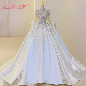 AnXin SH принцесса белый атлас цветок кружева винтаж высокая шея иллюзия длинный рукав бисероплетение кристалл большой бант бальное платье свадебное платье