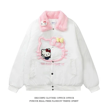 Хлопковое пальто Kawaii Sanrio Hello Kitty, плюшевая куртка с вышивкой из мультфильма, женское осенне-зимнее теплое хлопковое пальто, хлопковая куртка