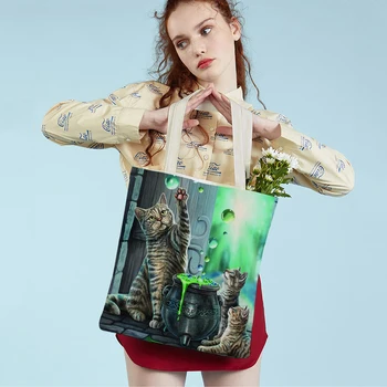 Модная акварельная студенческая сумка-тоут с котом, двусторонняя печатная многоразовая Мультяшная повседневная холщовая сумка для покупок с животными для женщин