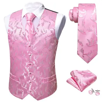 Роскошный шелковый розовый жилет для мужчин, комплект с галстуком-носовым платком, Элегантный свадебный вечерний костюм, мужской жилет без рукавов Barry Wang