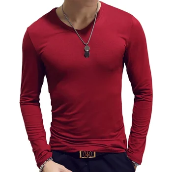 B148027 Мужская футболка с круглым вырезом и длинным рукавом, Однотонные футболки из молочного шелка, мужская одежда, универсальный Тонкий топ