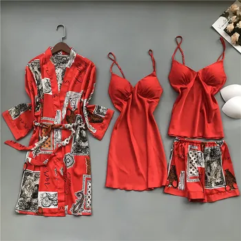 Женская пижама для молодоженов из 4 предметов, маленькая ночная рубашка с подвязкой на груди, весенне-осенняя пижама с накладкой на грудь
