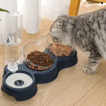 Миска для домашних кошек, автоматическая кормушка 3-в-1, миска для корма для собак и кошек с фонтаном, Двойная миска для питья, Приподнятая подставка, миски для кошек