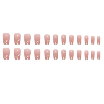 Длинные квадратные накладные ногти розового цвета с жемчужным дизайном, накладные ногти для женщин, декор для ногтей