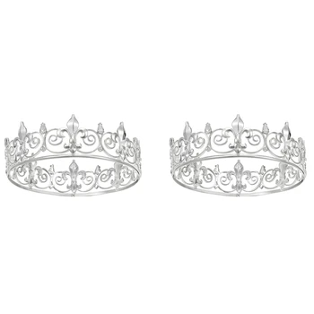 2X Королевская корона для мужчин - металлические короны и диадемы для принцев, круглые шляпы для празднования дня рождения, средневековые аксессуары (серебро)