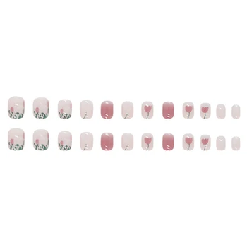 Капсулы Ongle 24ШТ, короткий нажим на ногти, розовые цветы, полное покрытие искусственных ногтей