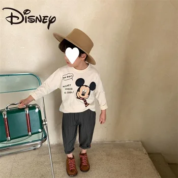 2023 Детская футболка Disney, 2023 Осенняя новая хлопковая детская футболка с Микки Маусом для мальчиков, хлопковая детская футболка-пуловер с длинными рукавами