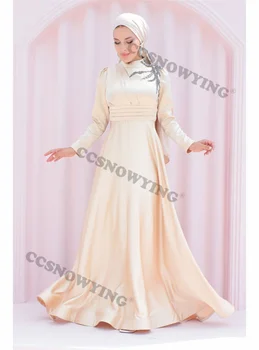 Мусульманское Атласное вечернее платье с аппликацией из бисера, Хиджаб с длинным рукавом, Исламские вечерние платья, Женские Арабские Дубайские халаты для вечеринок