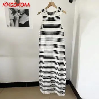 MNCCMOAA 2024 Женская мода, вязаное платье Миди в полоску без рукавов, женские повседневные платья-пуловеры с круглым вырезом.