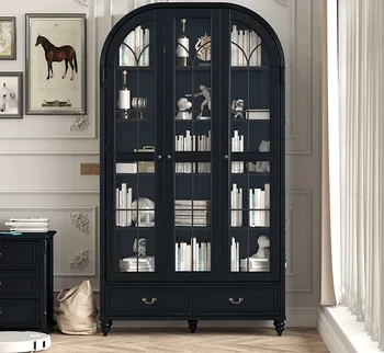 Арочный книжный шкаф со стеклянной дверцей, книжный шкаф в стиле ретро из массива дерева, гостиная у стены, бытовой пыленепроницаемый книжный шкаф черного цвета