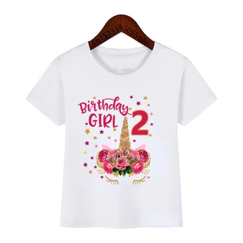 Дети единорог номера на день рождения мультфильм футболка пользовательское имя номер девушка милый забавный подарок на день рождения футболка