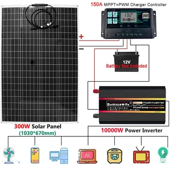 От 12 В до 110/220 В Солнечная Энергетическая Система 300 Вт Солнечная Панель 150A Контроллер Заряда 10000 Вт 12000 Вт Инвертор Аварийный Комплект Для Выработки Электроэнергии
