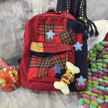 2023 Новый винтажный студенческий школьный рюкзак в консервативном стиле Корейского контрастного цвета, универсальный Женский рюкзак с подвеской в виде кости большой емкости