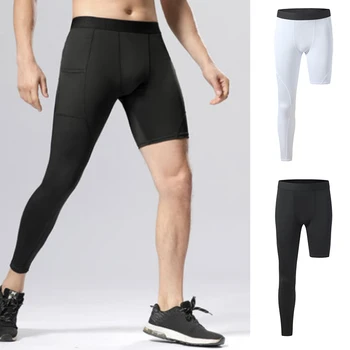 Мужские компрессионные колготки на одну ногу, брюки, эластичные баскетбольные колготки базового слоя, спортивные брюки для бега с карманами, фитнес-тренировки